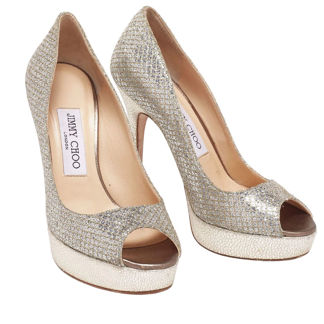 Jimmy Choo Silver/Gold Coarse Glitter Crown Peep-Toe Platform Pumps - 39.5