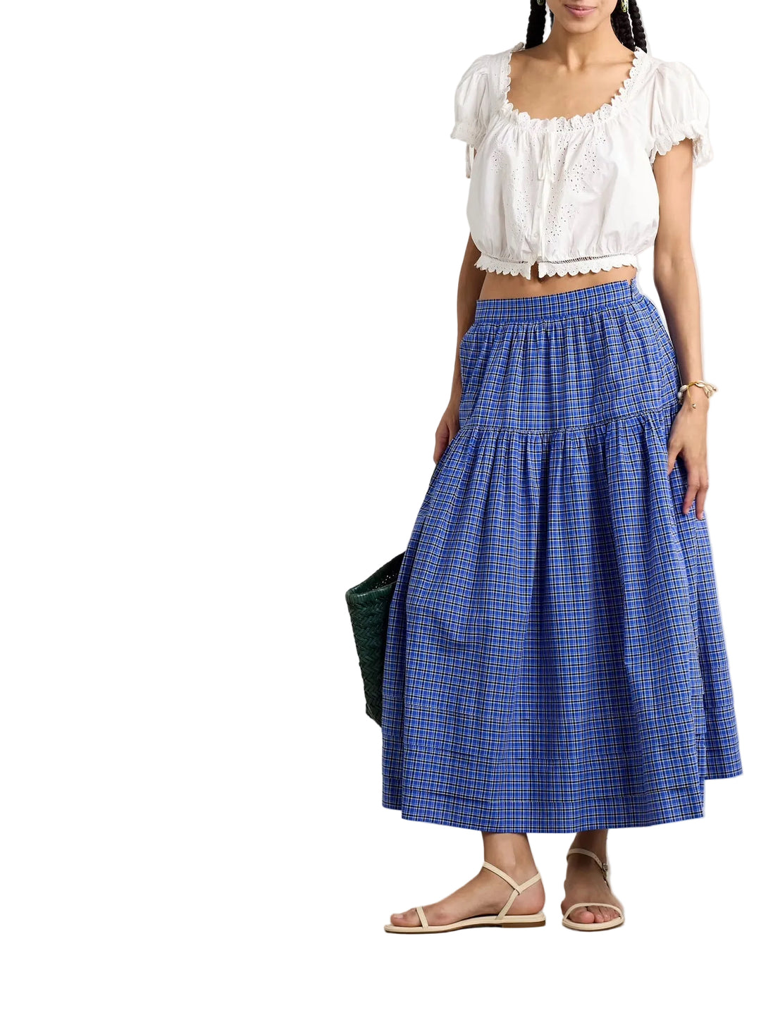 Dôen Sebastiane Tiered Checked Voile Midi Skirt - M
