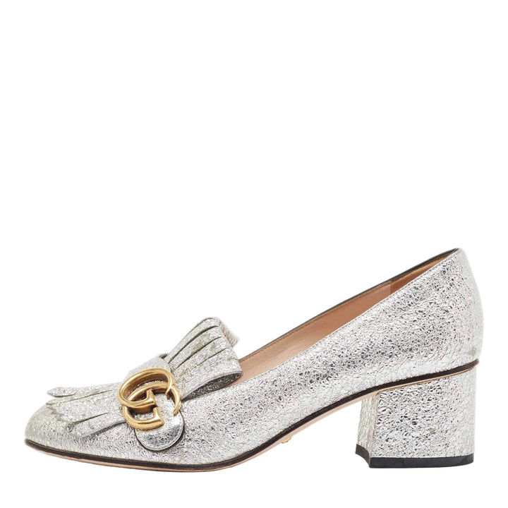 Gucci Silver Foil Leather GG Marmont Fringe Block Heel Pumps - 37
