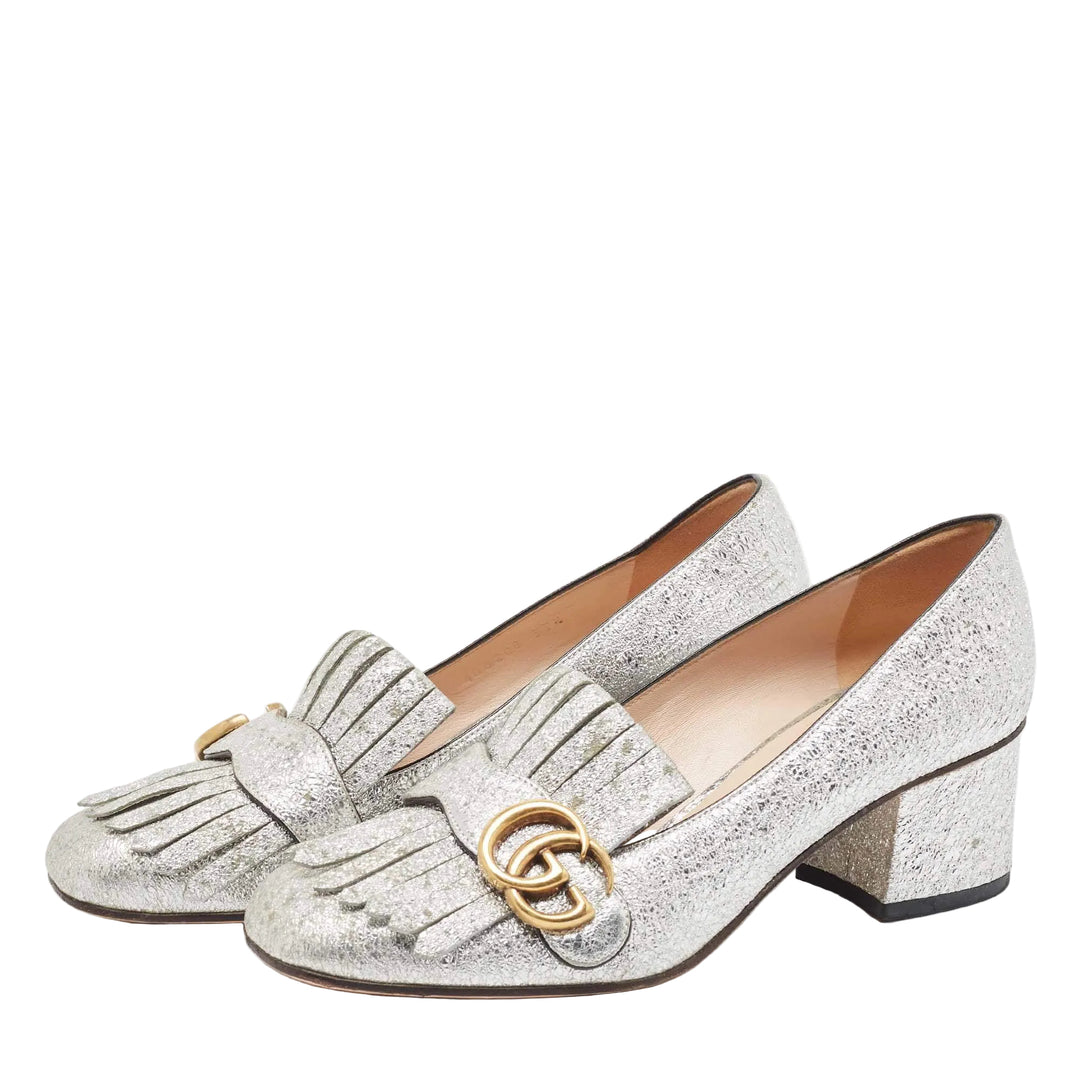 Gucci Silver Foil Leather GG Marmont Fringe Block Heel Pumps - 37