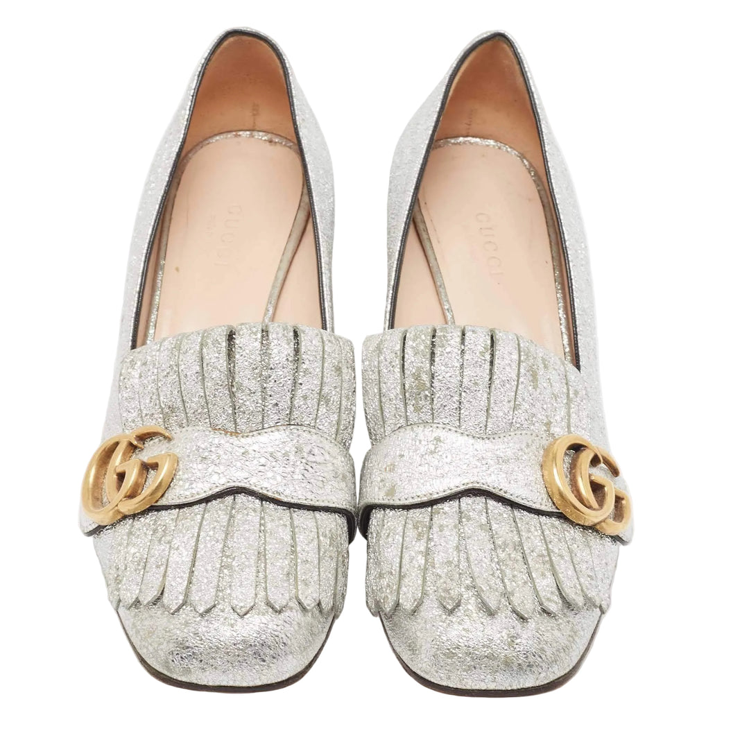 Gucci Silver Foil Leather GG Marmont Fringe Block Heel Pumps - 37