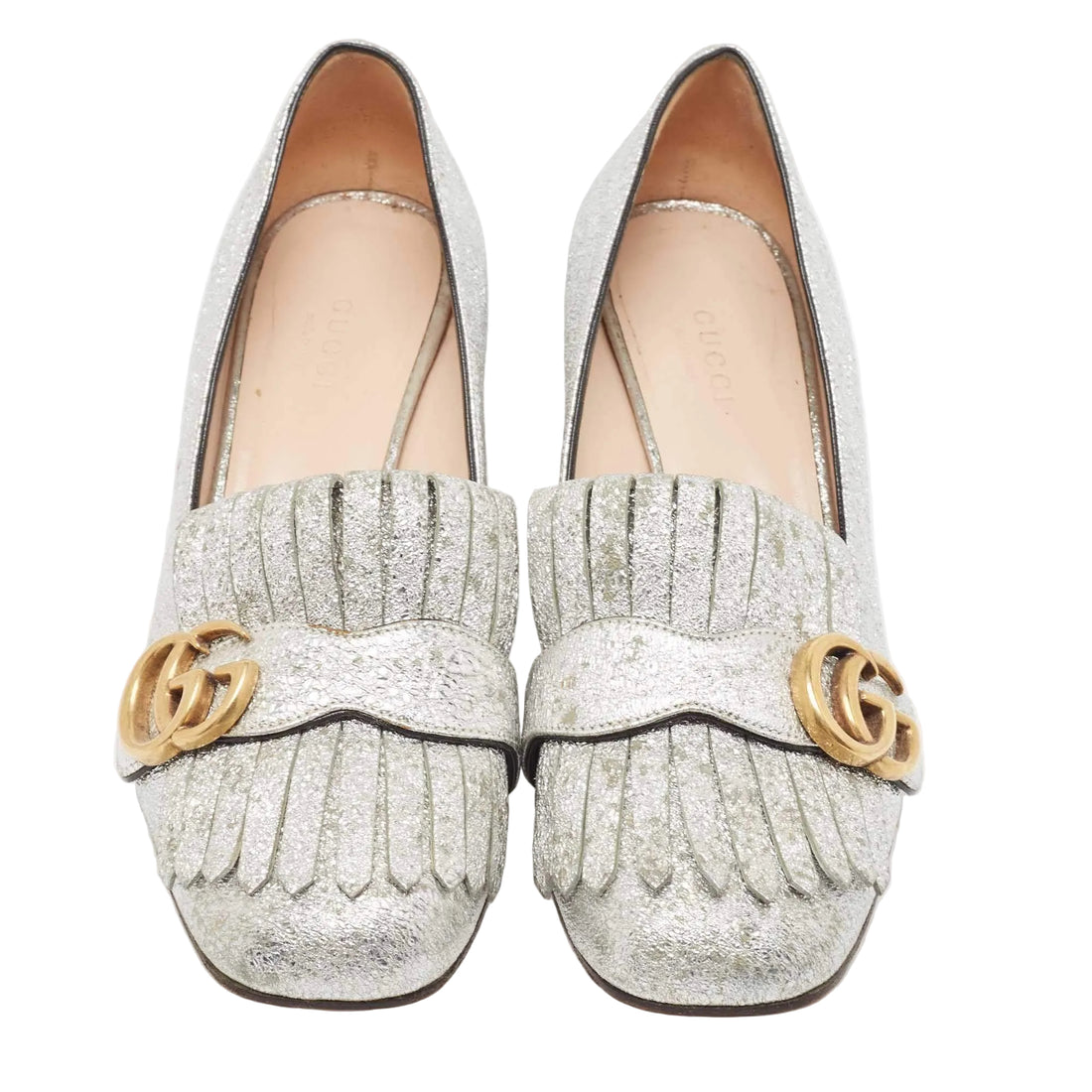 Gucci Silver Foil Leather GG Marmont Fringe Block Heel Pumps - 37