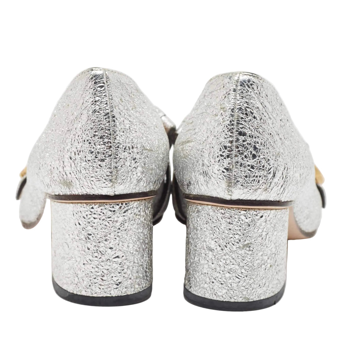 Gucci Silver Foil Leather GG Marmont Fringe Block Heel Pumps - 37