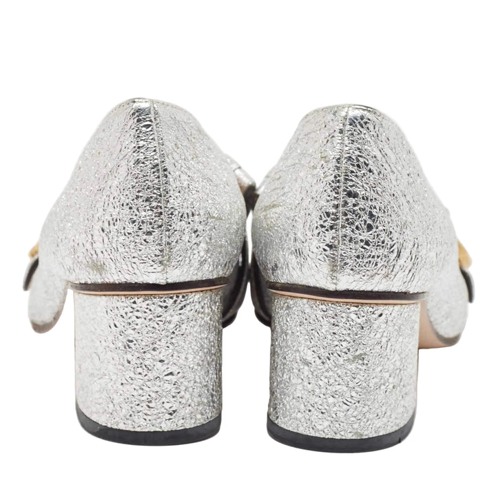 Gucci Silver Foil Leather GG Marmont Fringe Block Heel Pumps - 37