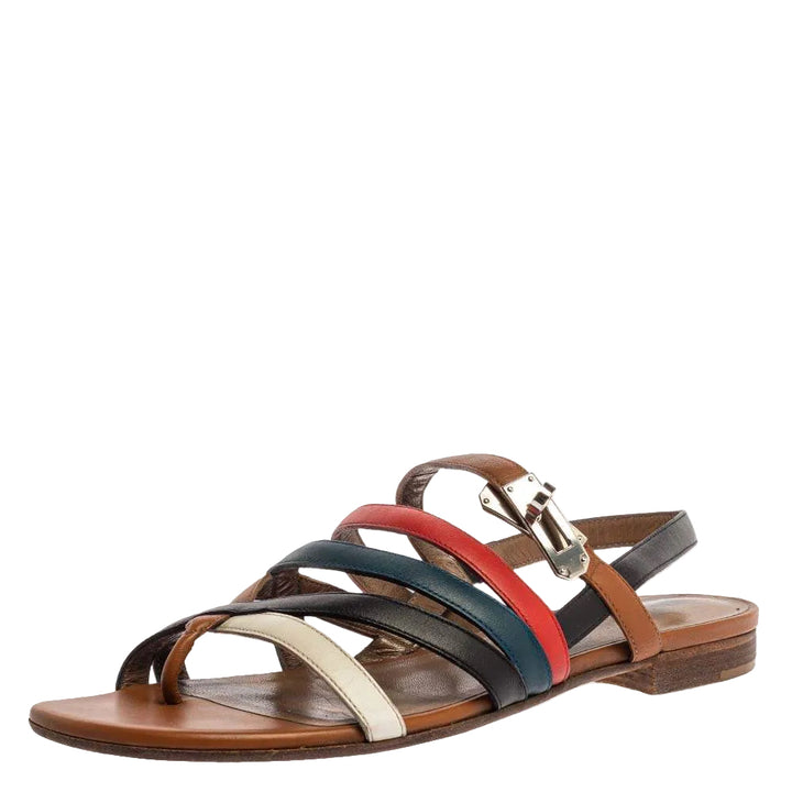 Hermès Multicolor Leather Marine Strappy Flat Sandals - 37