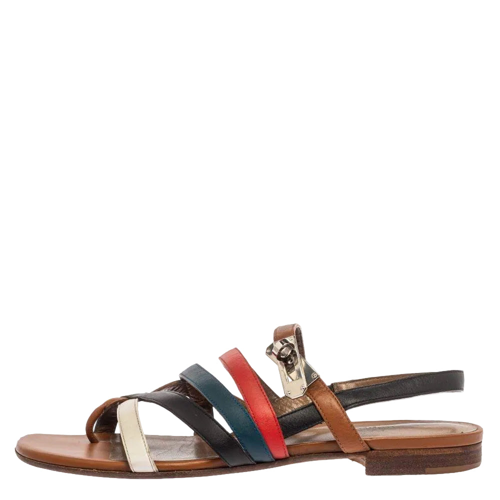 Hermès Multicolor Leather Marine Strappy Flat Sandals - 37