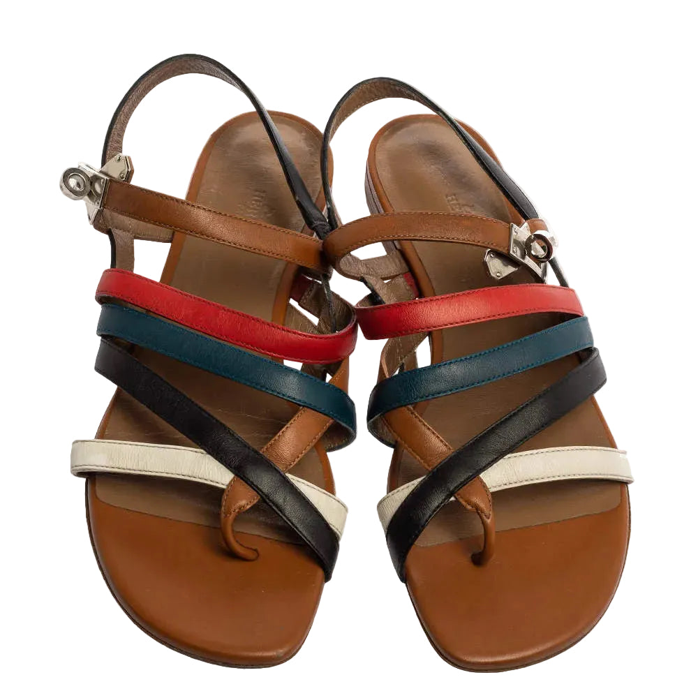 Hermès Multicolor Leather Marine Strappy Flat Sandals - 37