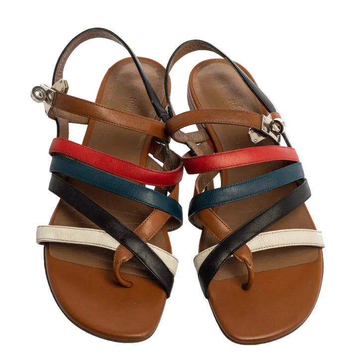 Hermès Multicolor Leather Marine Strappy Flat Sandals - 37