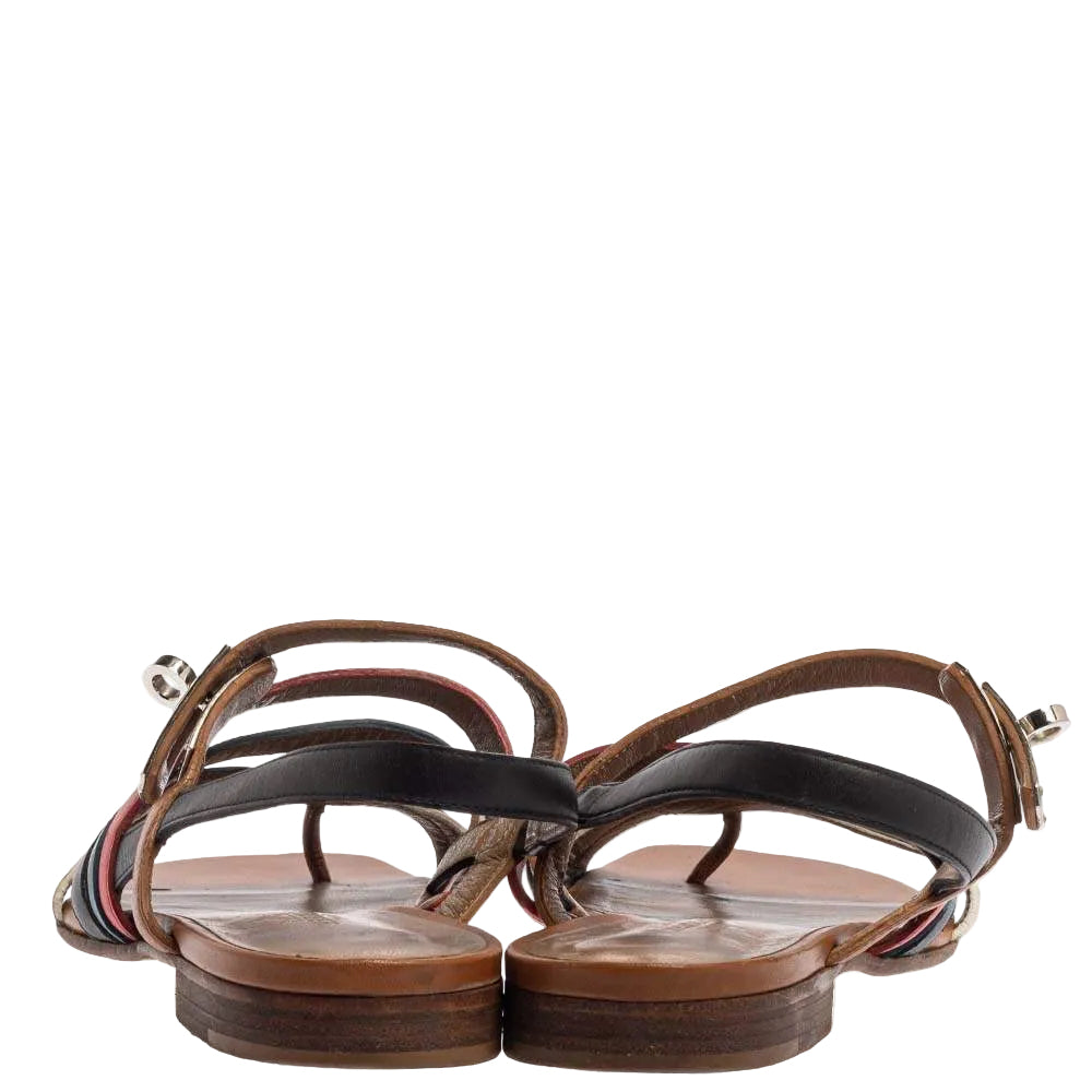 Hermès Multicolor Leather Marine Strappy Flat Sandals - 37