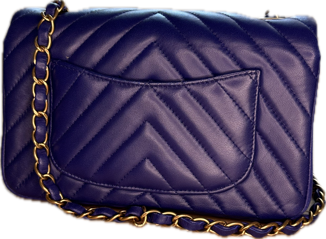 CHANEL Lambskin Chevron Quilted Mini Rectangular Flap- Blue