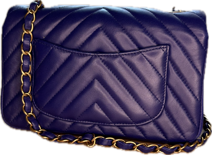 CHANEL Lambskin Chevron Quilted Mini Rectangular Flap- Blue