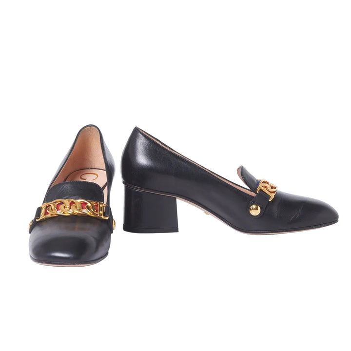 Gucci Malaga Kid Sylvie Web Chain Mid Heel Loafers - 38.5