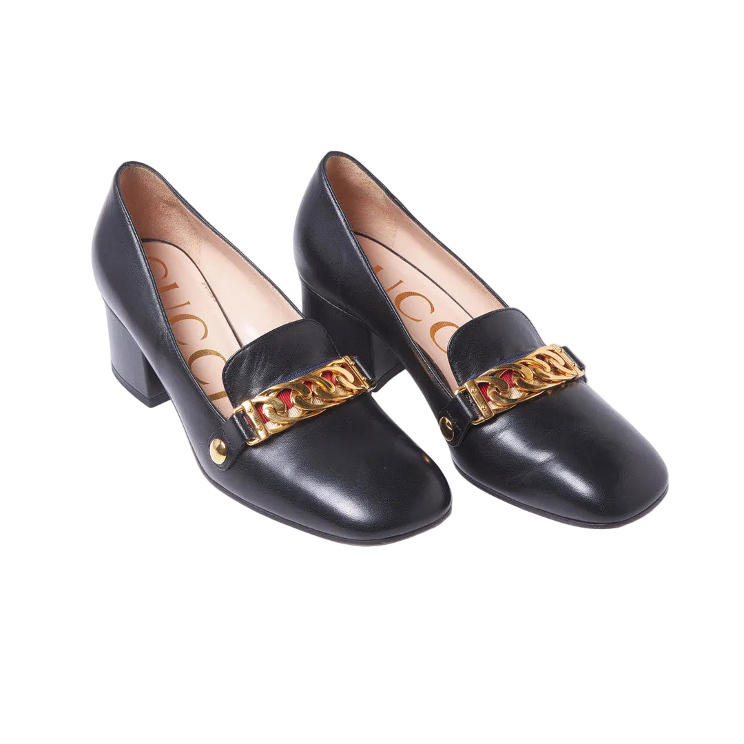 Gucci Malaga Kid Sylvie Web Chain Mid Heel Loafers - 38.5