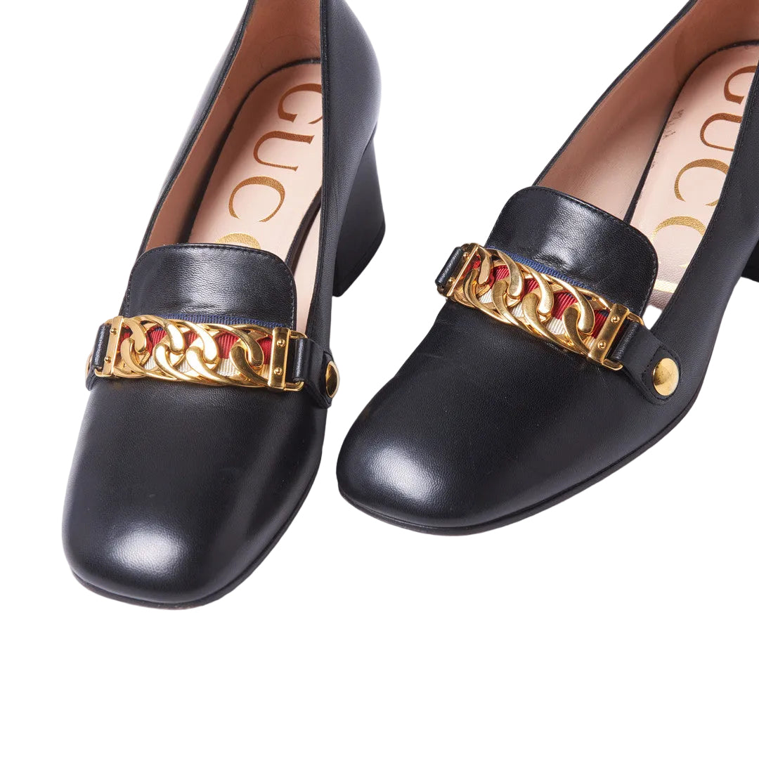 Gucci Malaga Kid Sylvie Web Chain Mid Heel Loafers - 38.5