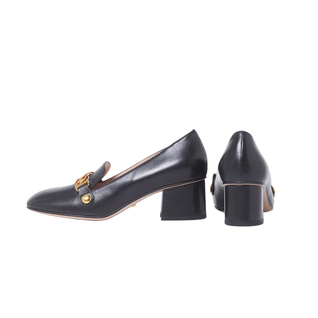 Gucci Malaga Kid Sylvie Web Chain Mid Heel Loafers - 38.5