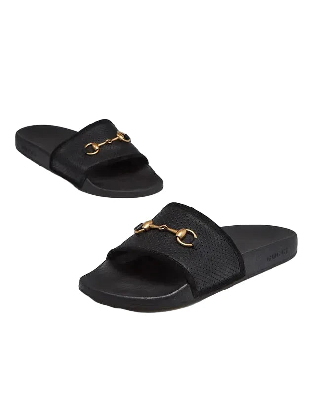 Gucci Horsebit Accent Leather Slides - 38