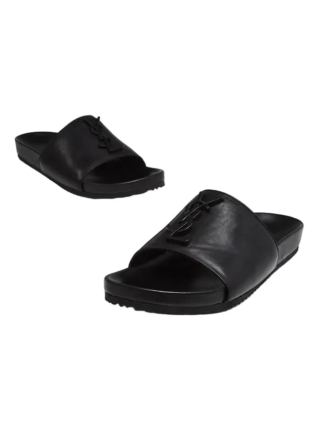 Saint Laurent Paris Black Leather Logo Flat Slides - 38