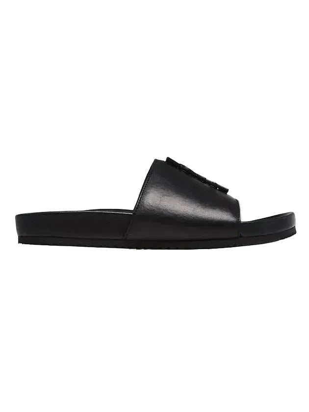 Saint Laurent Paris Black Leather Logo Flat Slides - 38