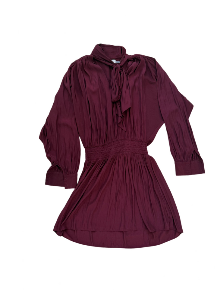 Ramy Brook Winslow Blouson Dress M Smocked Waist Long Sleeve Tie V-Neck Maroon- S