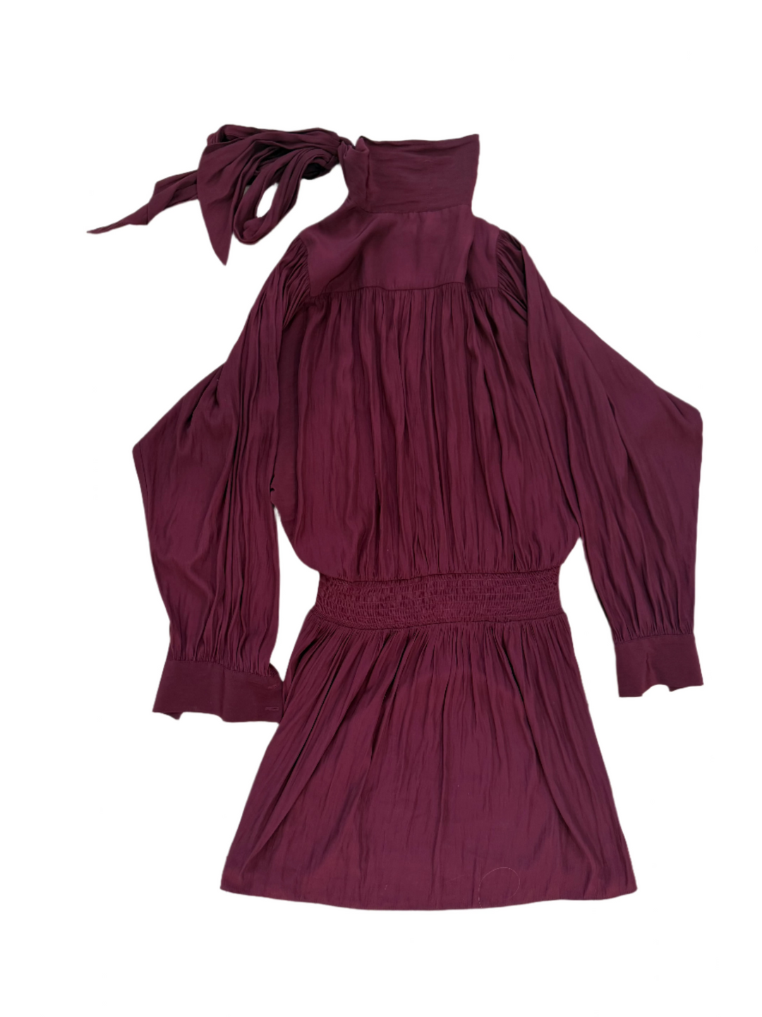 Ramy Brook Winslow Blouson Dress M Smocked Waist Long Sleeve Tie V-Neck Maroon- S
