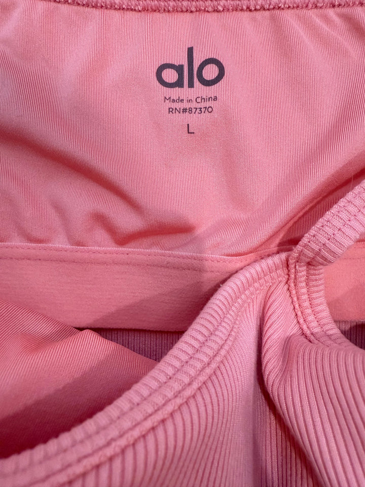 alo Goddess Ribbed Cross Crop Top Strawberry Lemonade- L