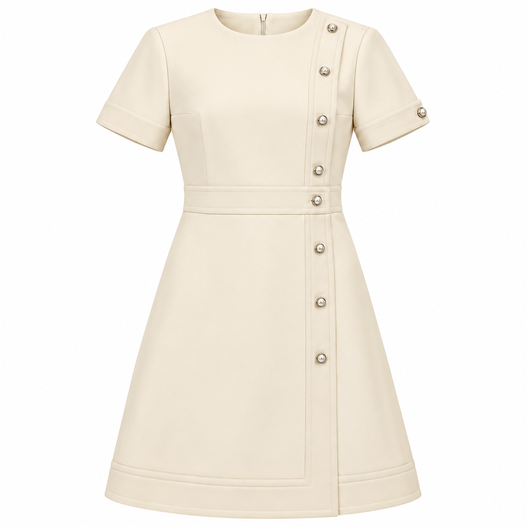 Gucci Pearl-Button Cady Crepe Wool-Silk Dress, Ivory - 44