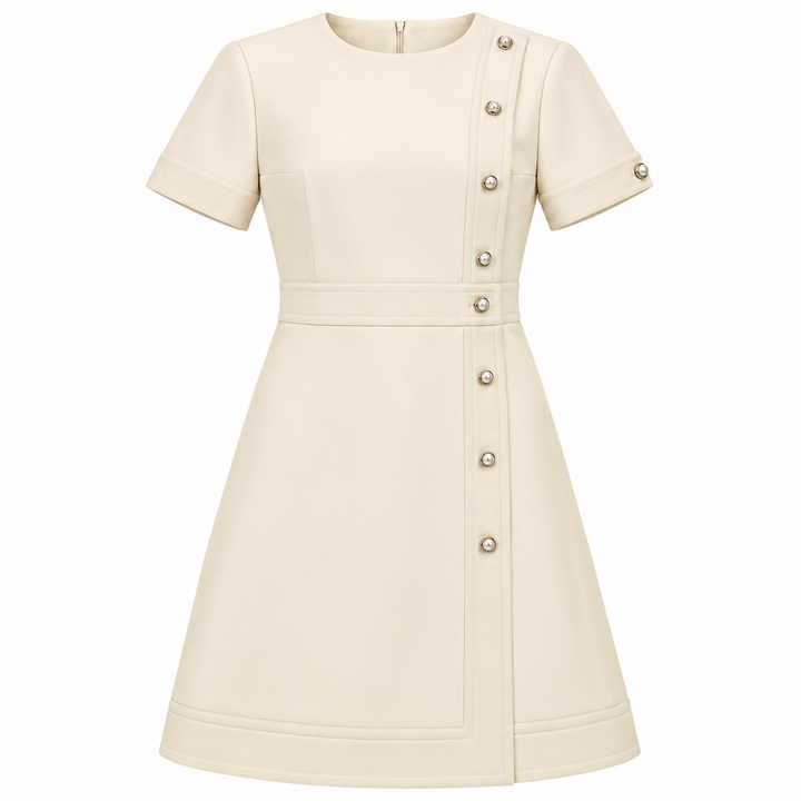 Gucci Pearl-Button Cady Crepe Wool-Silk Dress, Ivory - 44