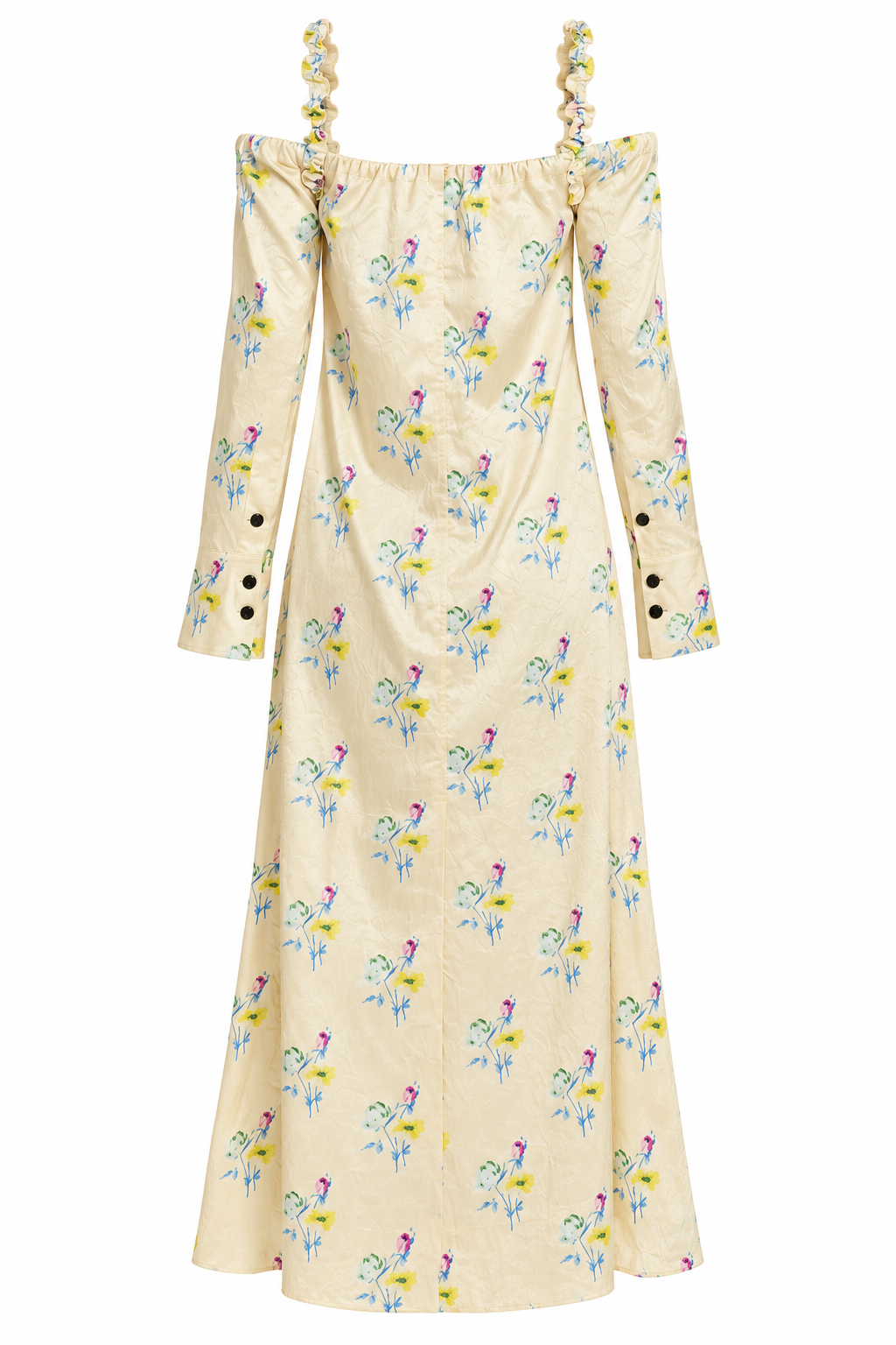 GANNI Crinkled Satin Off-Shoulder Maxi Dress, Floral Rutabaga - 34