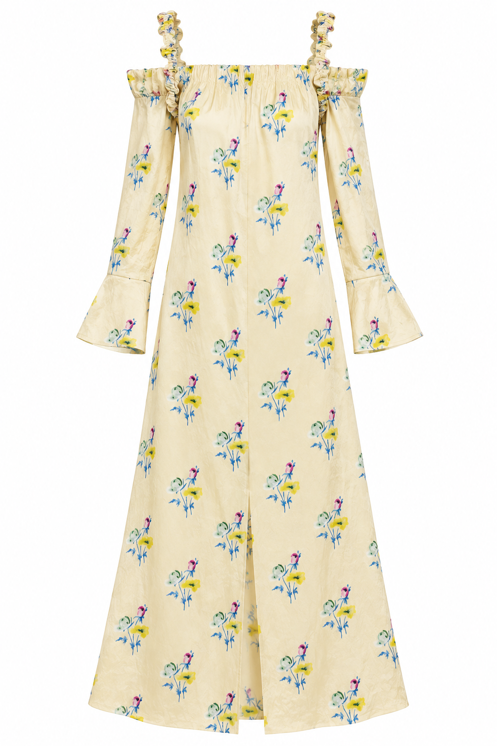 GANNI Crinkled Satin Off-Shoulder Maxi Dress, Floral Rutabaga - 34