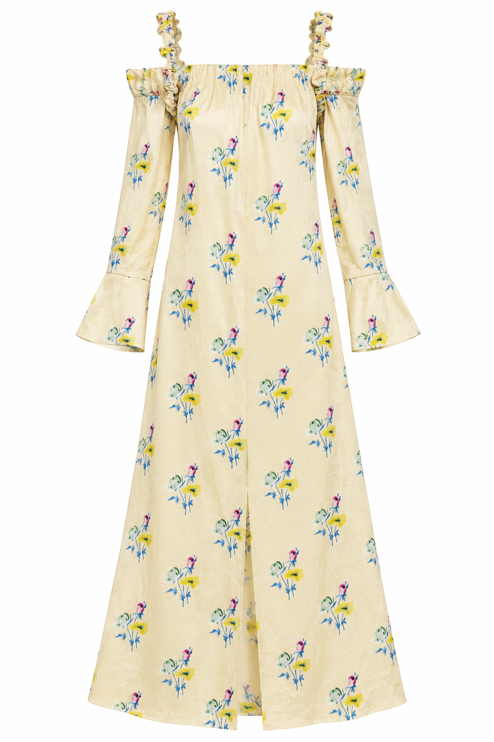 GANNI Crinkled Satin Off-Shoulder Maxi Dress, Floral Rutabaga - 34