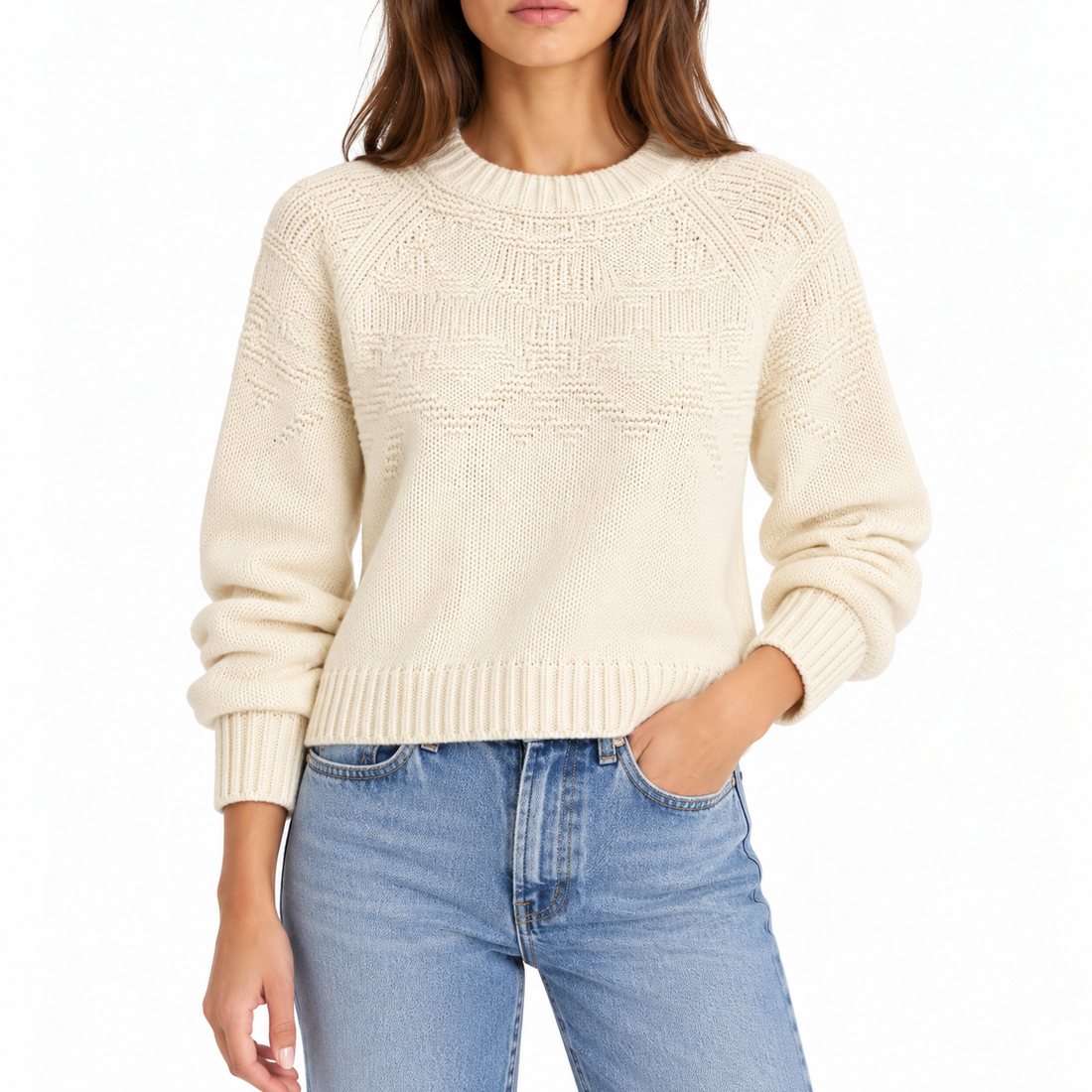 Vince Ivory Textured Wool Crewneck Sweater - M
