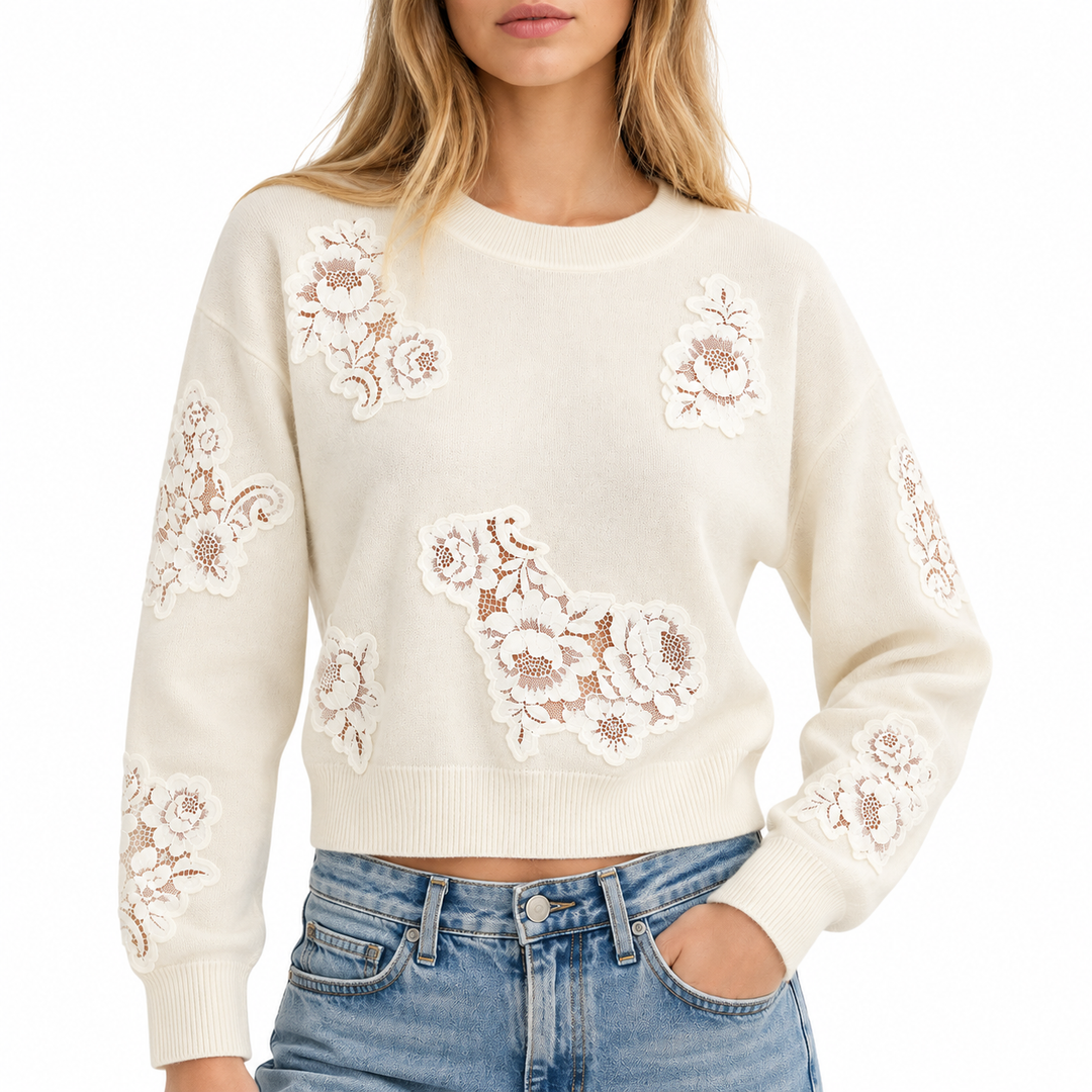 LoveShackFancy Lazuli Lace Wool-Cashmere Sweater, Ivory - XXS