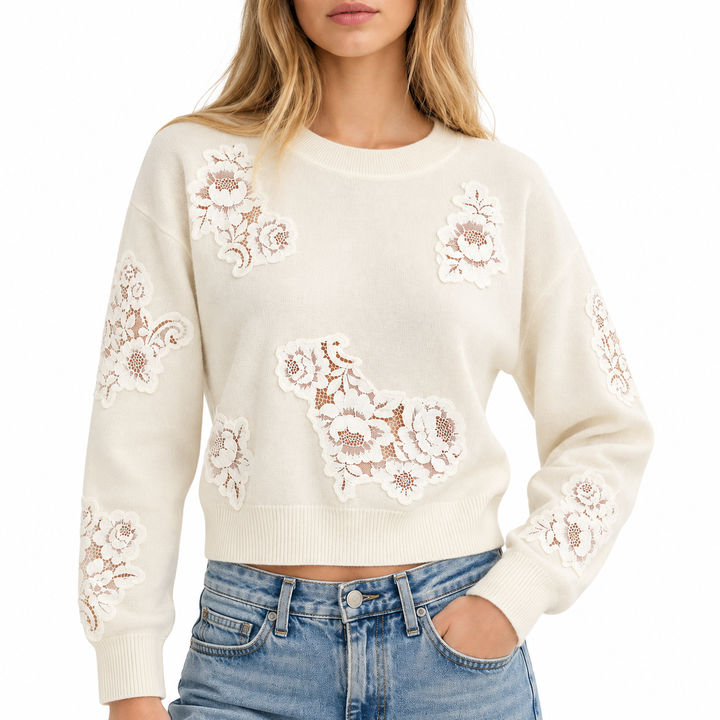 LoveShackFancy Lazuli Lace Wool-Cashmere Sweater, Ivory - XXS