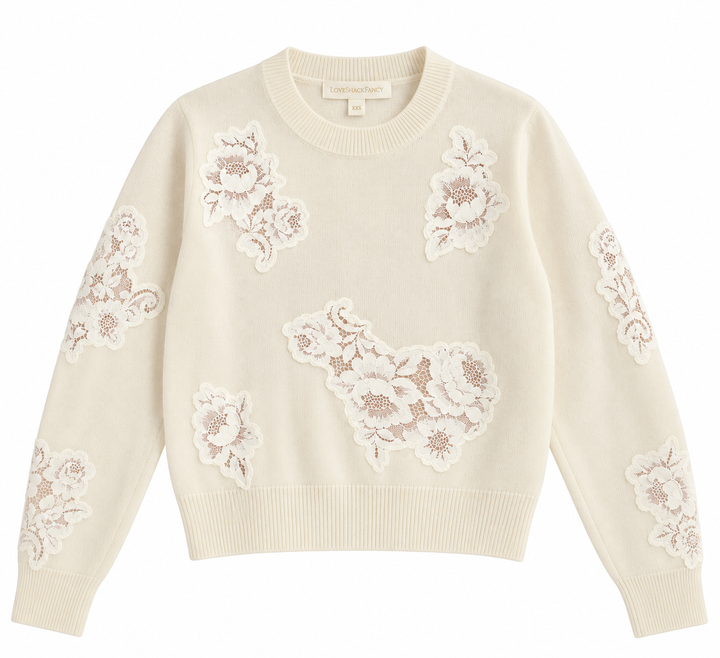 LoveShackFancy Lazuli Lace Wool-Cashmere Sweater, Ivory - XXS