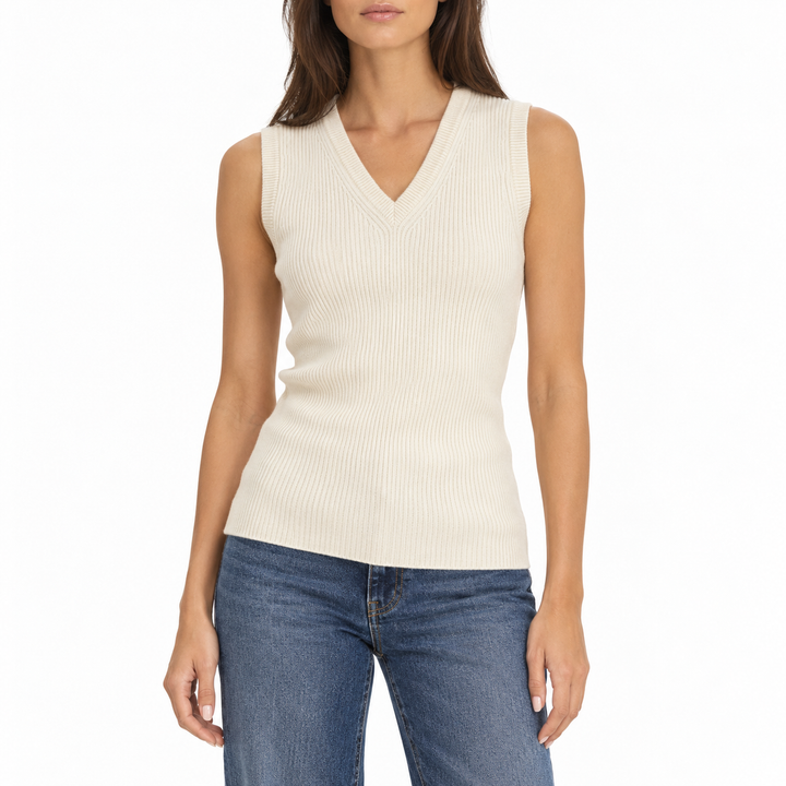 EAVES Susen Rib Knit V-Neck Top, Ivory - XXS