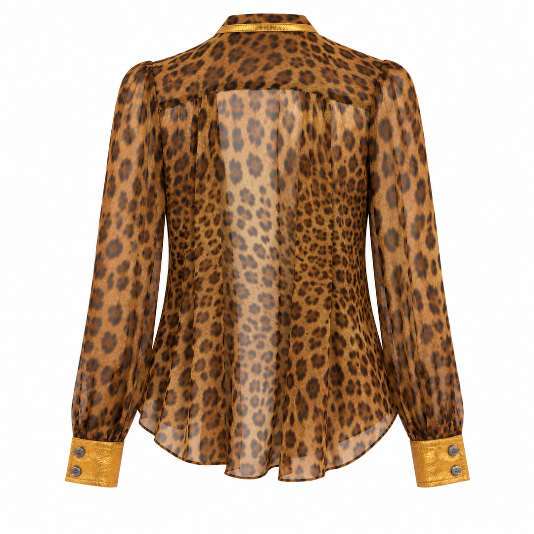 Dolce &amp; Gabbana Leopard Silk Tie-Neck Blouse with Metallic Gold Trim - 24