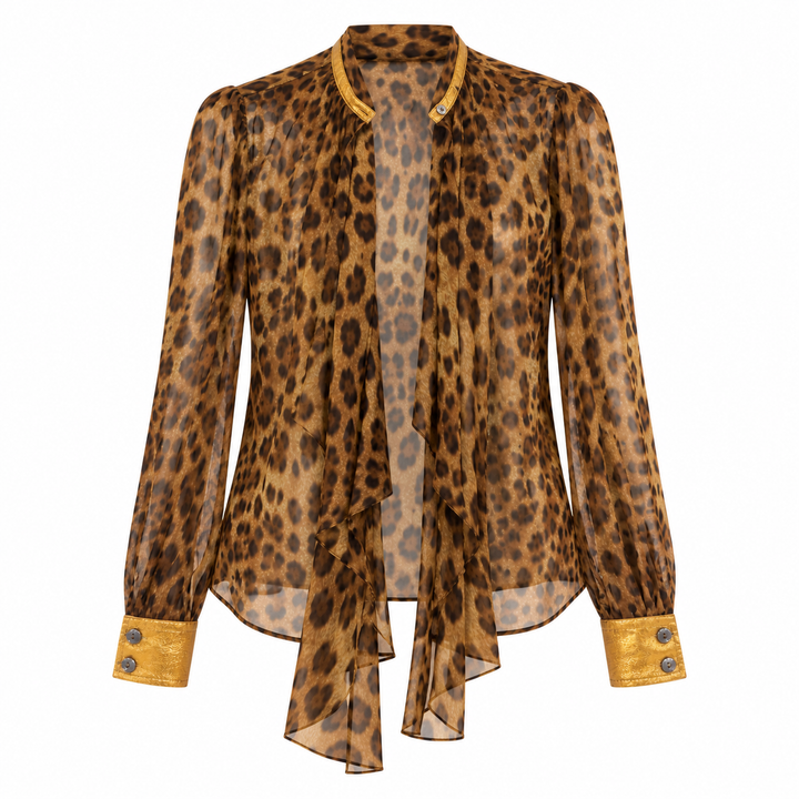 Dolce &amp; Gabbana Leopard Silk Tie-Neck Blouse with Metallic Gold Trim - 24