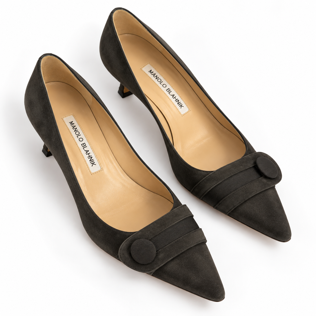 Manolo Blahnik Gray Suede Pointed-Toe Kitten-Heel Pumps - IT 39