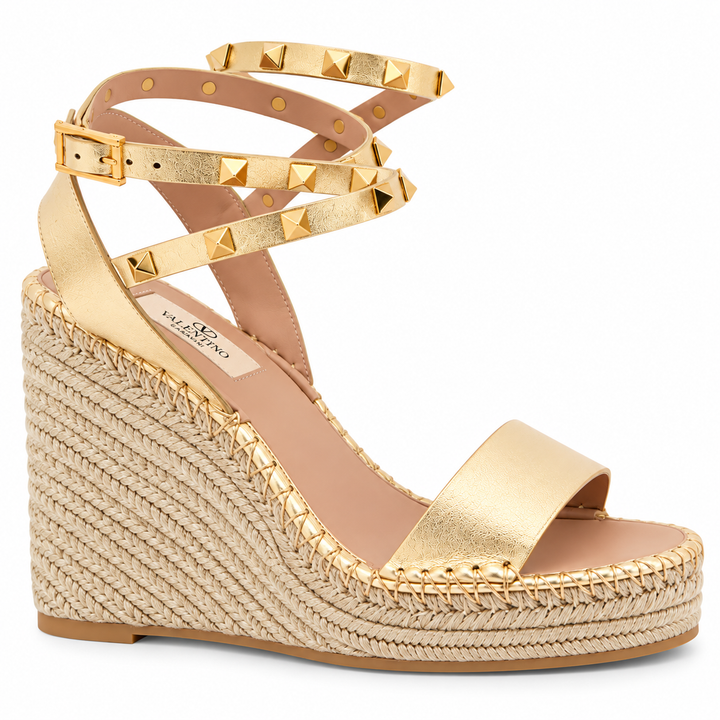 Valentino Garavani Rockstud Metallic Gold Wedge Espadrilles - 38