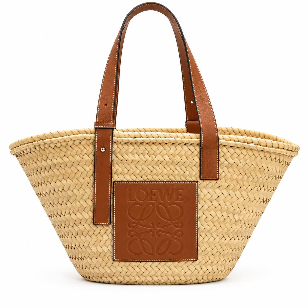 LOEWE Medium Basket Bag in Palm Leaf and Calfskin