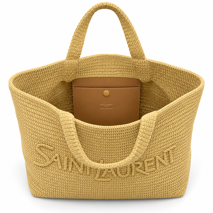 Saint Laurent Large Logo Embroidered Raffia Tote, Natural