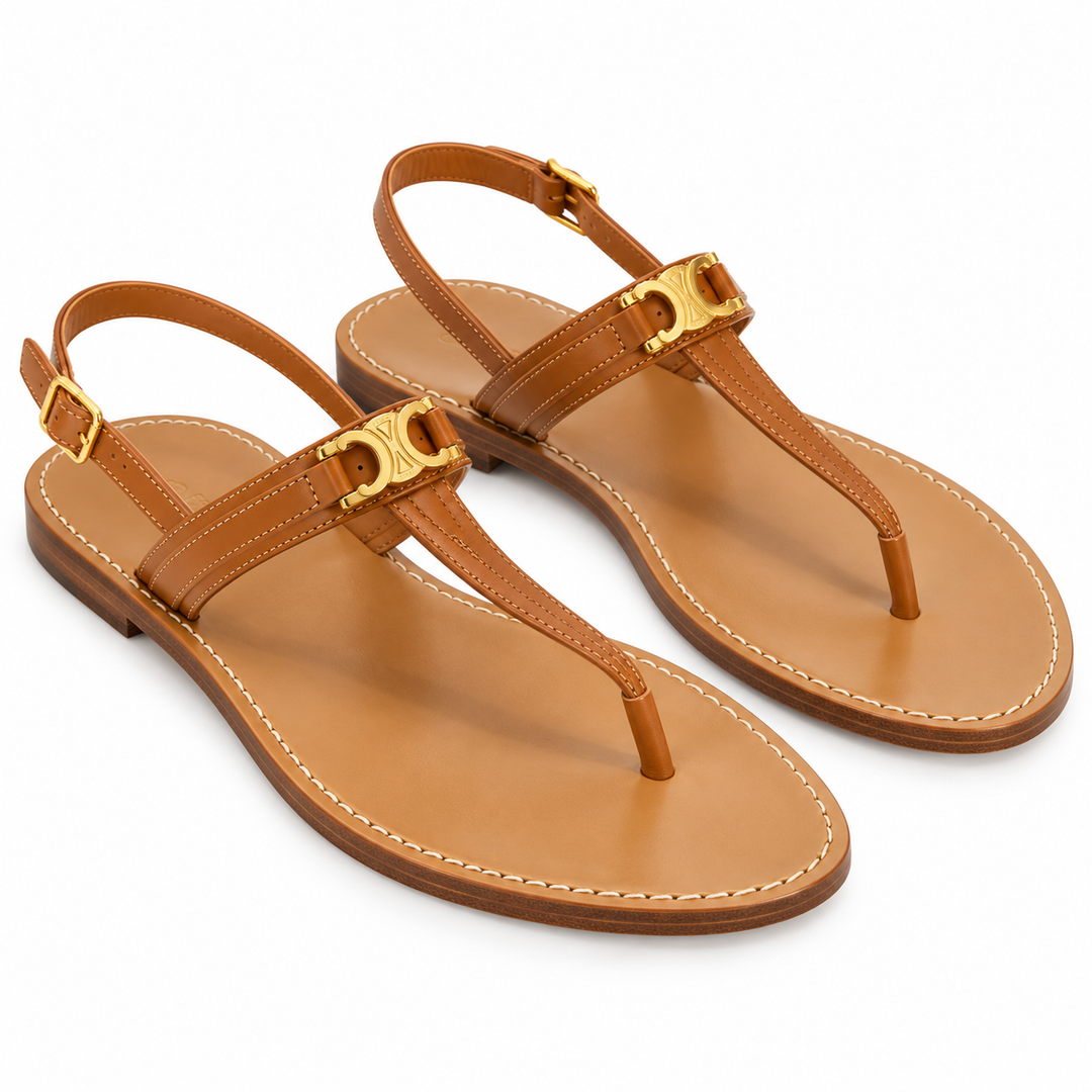 Celine Lympia Triomphe Thong Sandals in Tan Calfskin - 38