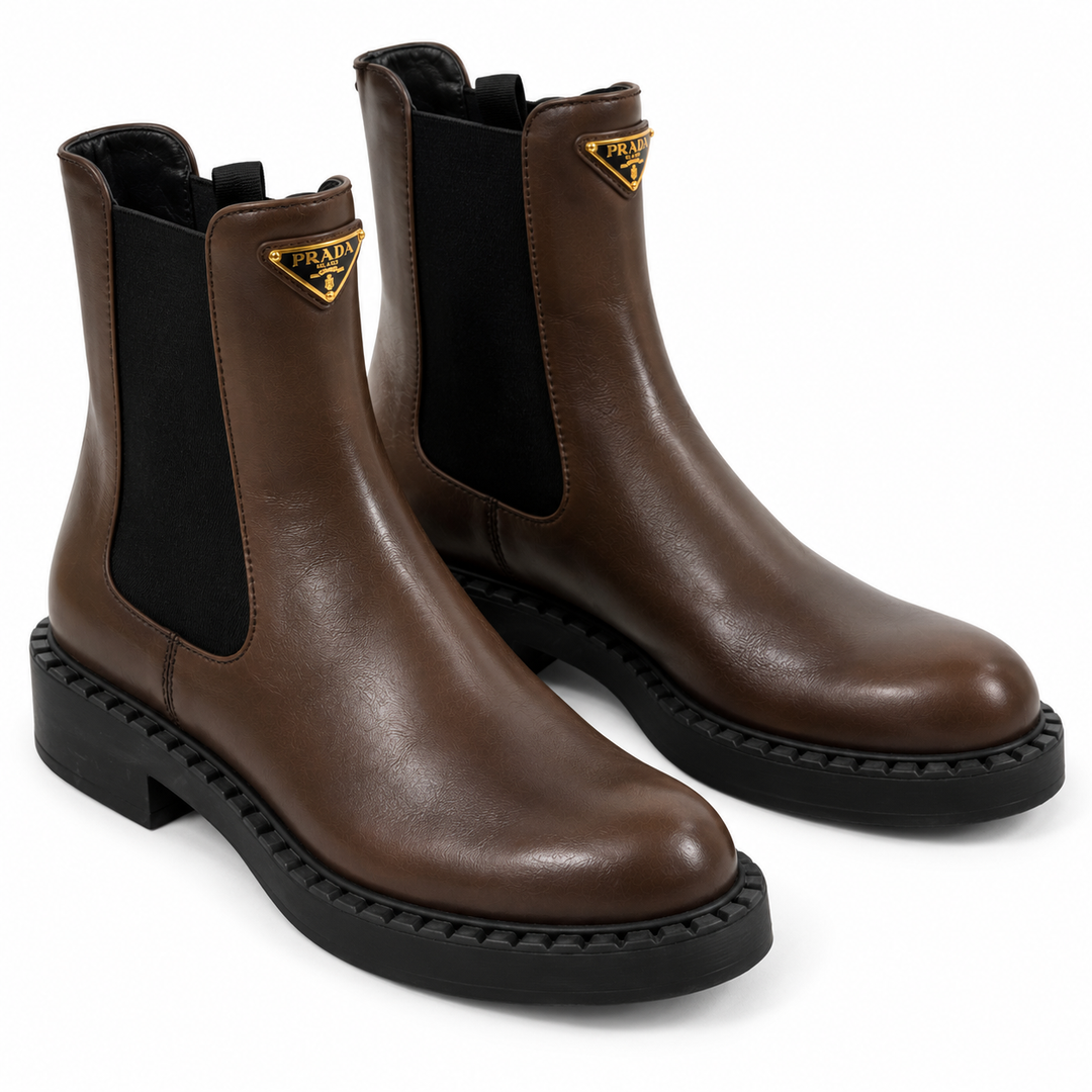 Prada Brushed Leather Triangle Logo Chelsea Boots, Dark Brown - 38.5