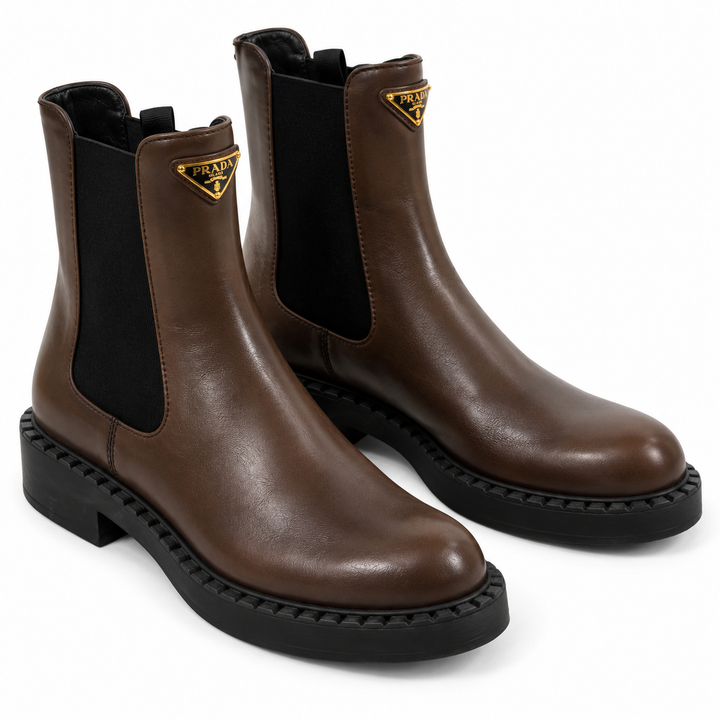 Prada Brushed Leather Triangle Logo Chelsea Boots, Dark Brown - 38.5