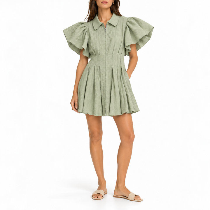 Jonathan Simkhai Callista Crinkle Puff-Sleeve Mini Dress, Lichen - S