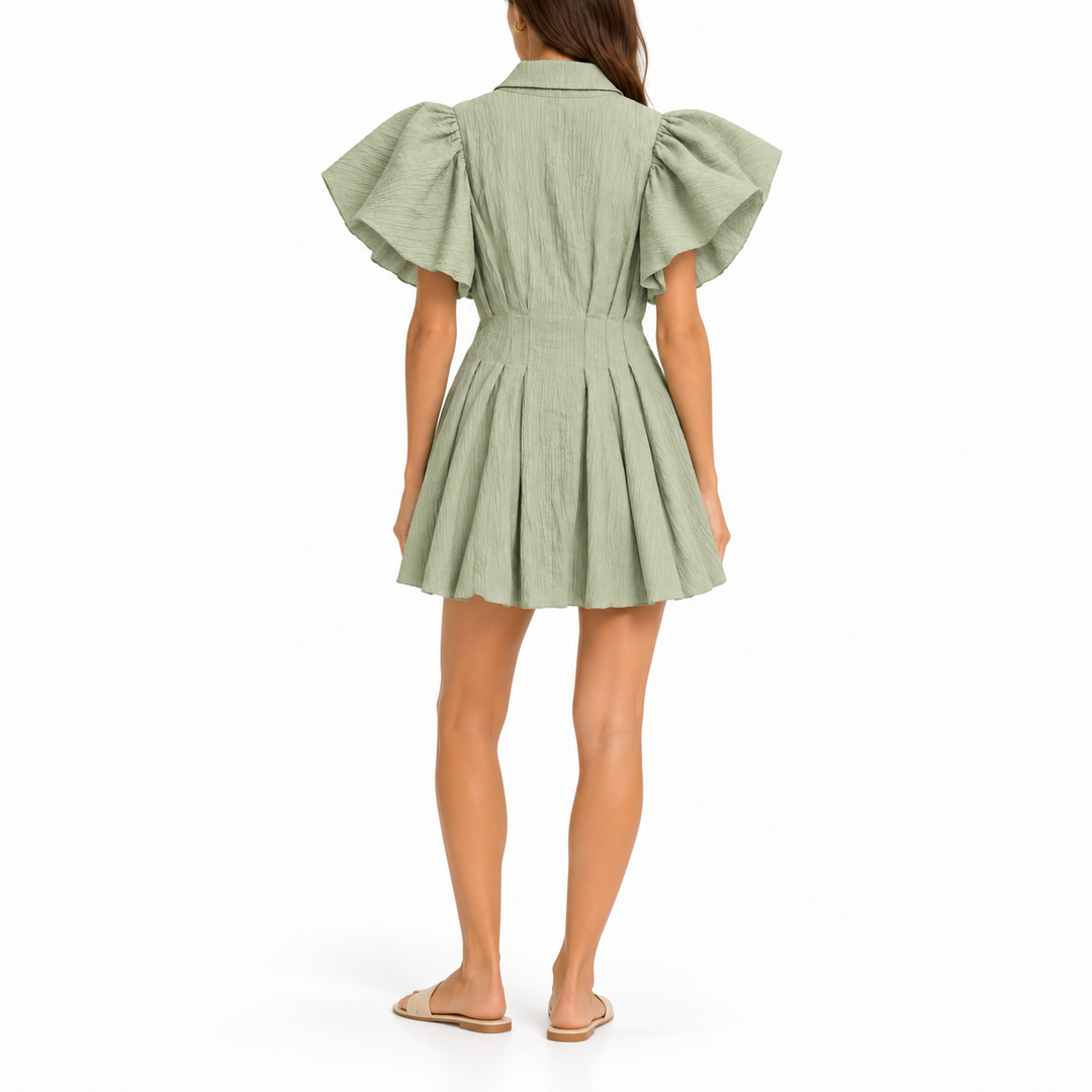 Jonathan Simkhai Callista Crinkle Puff-Sleeve Mini Dress, Lichen - S