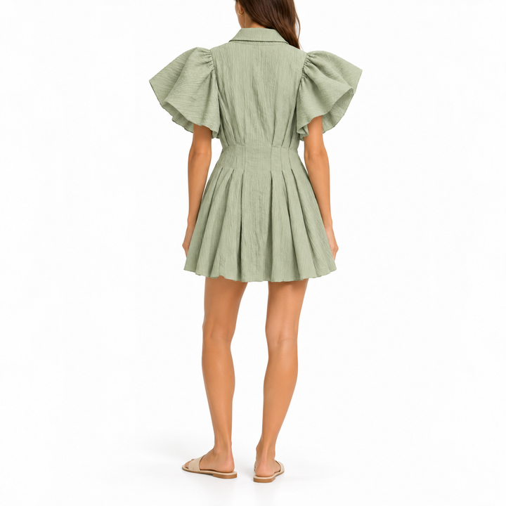 Jonathan Simkhai Callista Crinkle Puff-Sleeve Mini Dress, Lichen - S