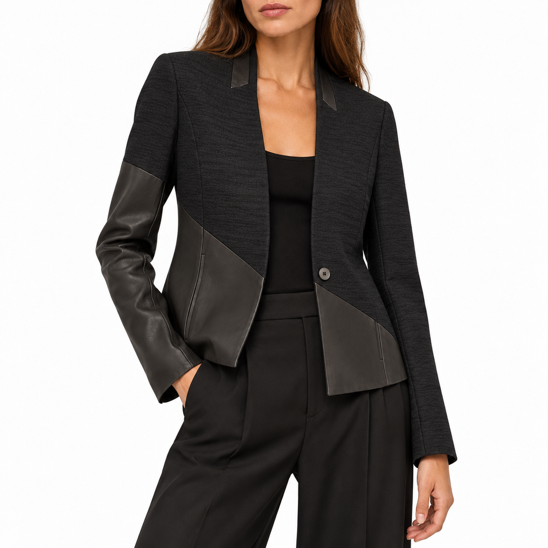 Helmut Lang Warped Leather Trim Jacket / Asymmetric Leather Combo Blazer - US 4