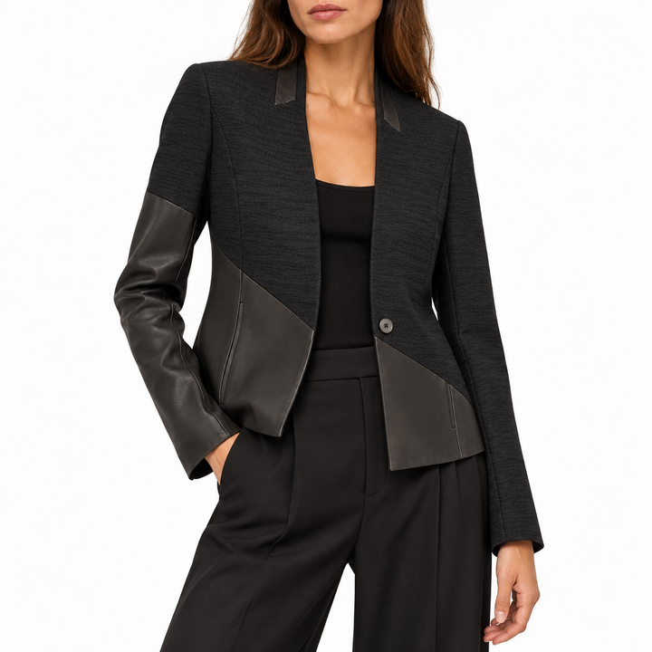Helmut Lang Warped Leather Trim Jacket / Asymmetric Leather Combo Blazer - US 4