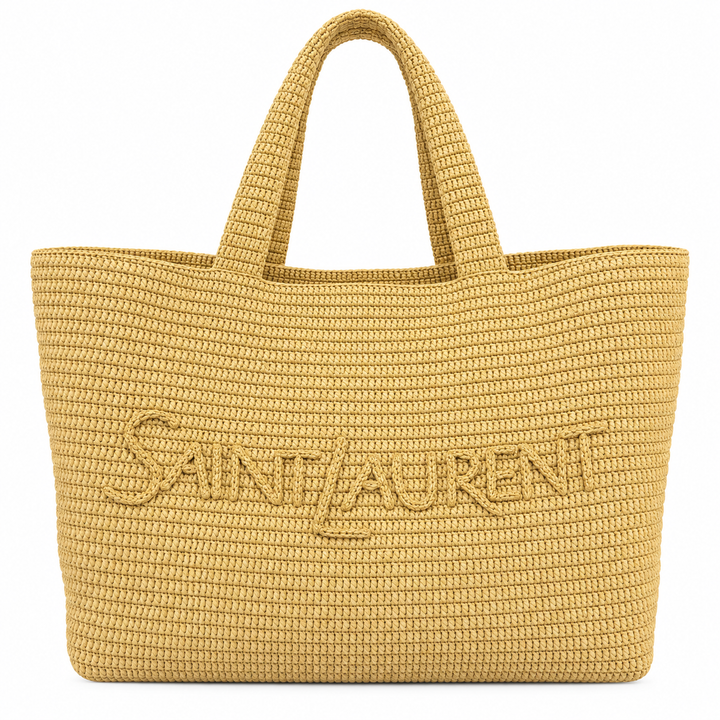Saint Laurent Large Logo Embroidered Raffia Tote, Natural